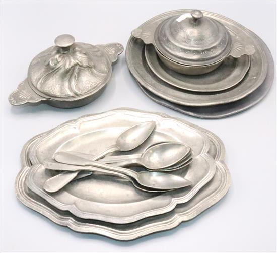 Qty of pewter plates, 2 lidded quaiches, spoons, etc